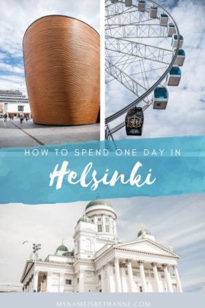 One Day in Helsinki - Pin image showing the Skywheel, Kamppi chapel and Helsinki Cathedral