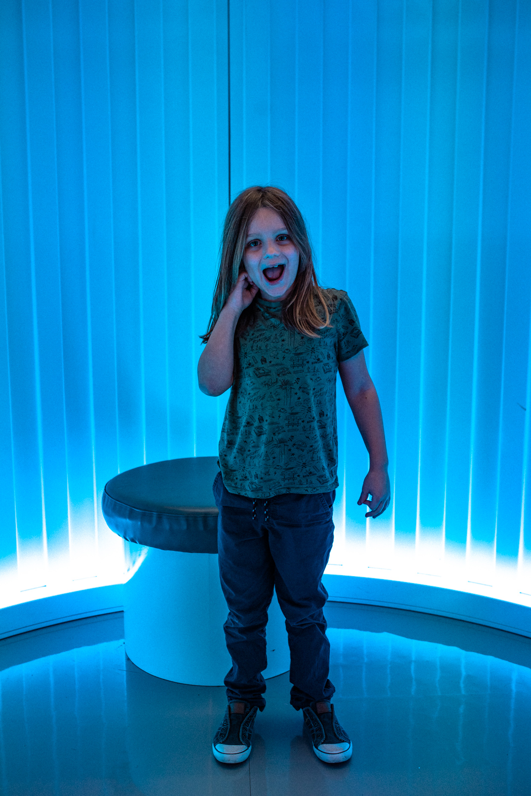 Intu Light house Experience - Charlie in the Calm House enveloped by blue light